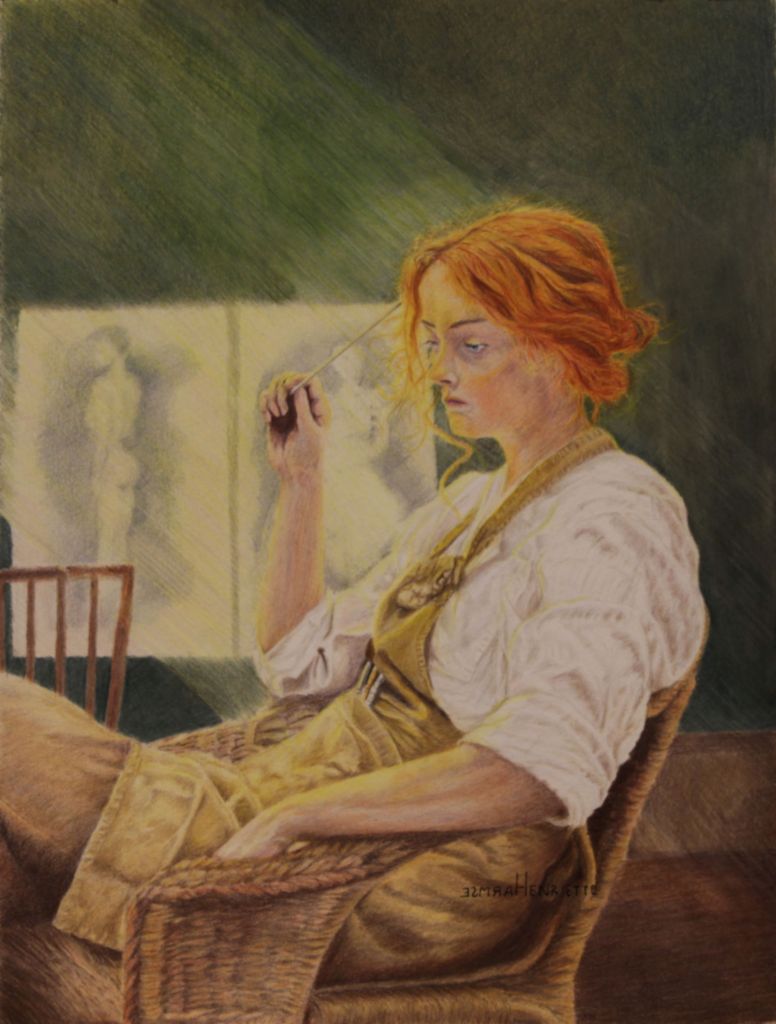 A coloured pencil drawing of a young female artist in deep contemplation.
