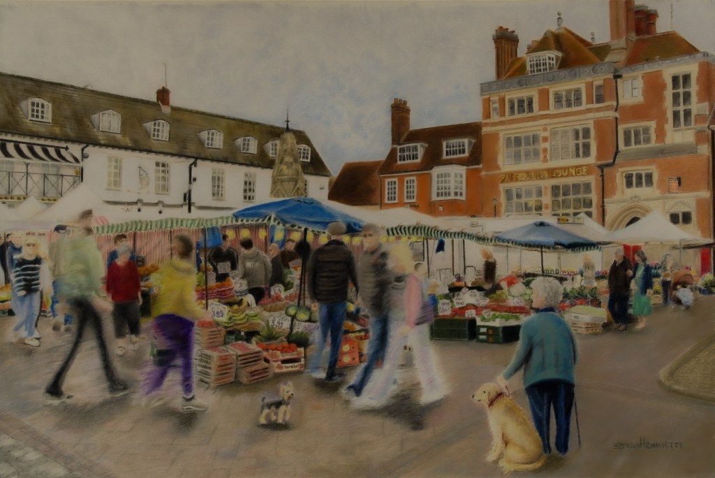 A coloured pencil drawing of the busy market in Saffron Walden.